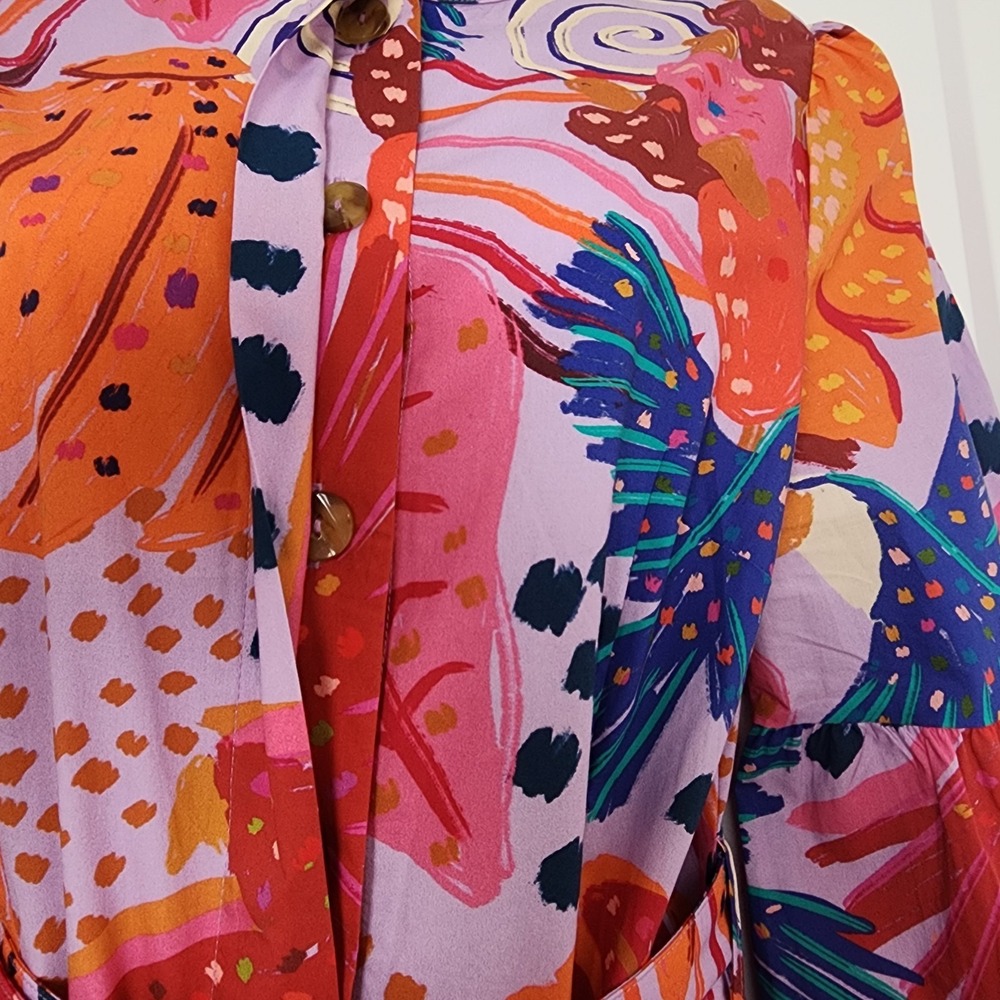 Farm Rio Tropical Print Belted Midi Dress M Pink Orange Bell Sleeve Resortwear - Picture 6 of 16